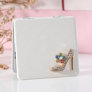 Portable Compact Makeup Mirror PU Leather Double Sided Foldable High Heel Rhinestone Decor For Travel Vanity