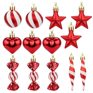 14pcs set of red and white Christmas tree ornaments in heart star and ball shapes