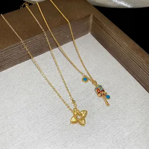 Copper Gold Plated Necklace Hollow Flower Zircon Prayer Wheel Enamel Pendant Vintage Fashion Jewelry For Women