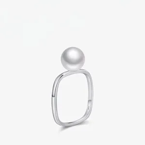 Elegant Artificial Pearl Ring 925 Sterling Silver Minimalist Square Band French Style Dainty Jewelry For Women