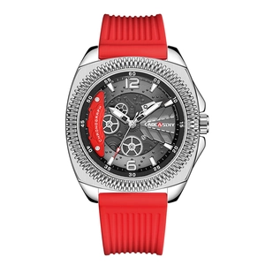 Herren-Sportuhr in Silber mit Skelett-Zifferblatt und rotem Silikonarmband