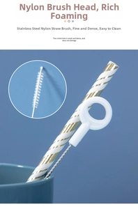 Detail of nylon straw cleaning brush with stainless steel handle and ring for baby bottles