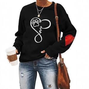 Women's black Valentine's long sleeve sweatshirt with love print and red heart elbow patch