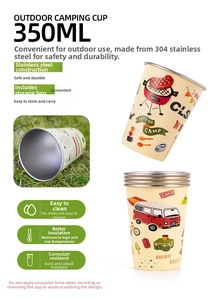 Detail of 350ml 304 stainless steel camping cups with vintage outdoor graphic prints