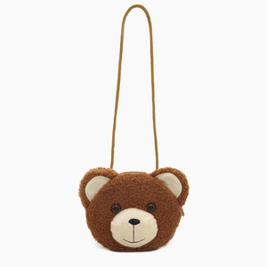 Cute brown plush bear crossbody bag for children with thin shoulder strap on white background