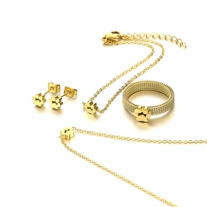 Golden stainless steel mesh ring and paw print jewelry set including necklace and bracelet