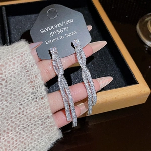 Sparkling S925 silver needle tassel earrings with micro-set zircons on luxury card