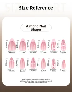 Size guide for almond-shaped press-on nails featuring 24 pieces in 12 different dimensions