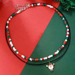 Double-layered Christmas necklace featuring red white green beads and Santa Claus pendant