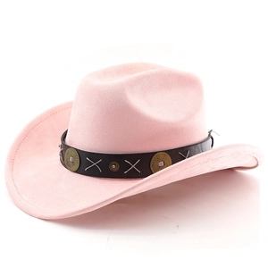 Detailed close-up of a pink felt cowboy hat with vintage concho leather band and stitching