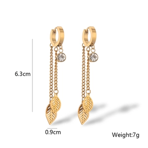 Detail of gold titanium leaf earrings with crystal charms and size measurements