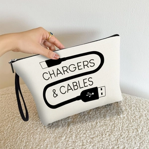 Cream canvas charger bag with black zipper and Chargers & Cables print on the front