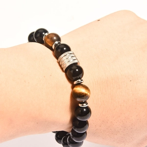 Beaded Bracelet Natural Tiger Eye Obsidian Stone Stainless Steel Elastic Adjustable Fashion Jewelry For Men Women