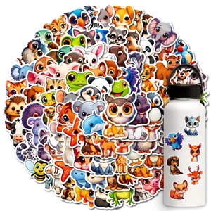 Waterproof cartoon animal stickers applied on a white water bottle for DIY decoration