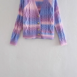Women's V-neck tie-dye knit cardigan in purple and pink gradient with cable texture