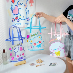Transparent PVC tote bags with cute cartoon patterns and mesh bottom for beach and shopping