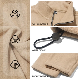 Men's beige half-zip fleece pullover with stand collar and adjustable waist details