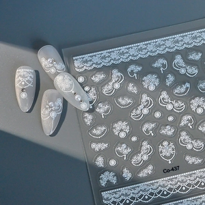 5D white lace and pearl embossed nail art stickers with intricate floral patterns