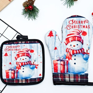 Christmas oven mitt and pot holder set with Merry Christmas print and red plaid trim