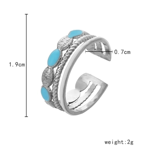 Three-layer silver stainless steel ring with blue enamel stars and dimension details