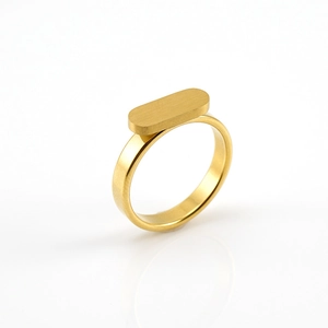 Minimalist gold-plated stainless steel ring with flat oval design on white background