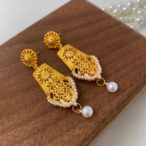 Vintage Palace Hollow Out Drop Earrings With Imitation Artificial Pearl And 925 Sterling Silver Earring Post For Women