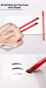 Macro shot of 3D angled wild eyebrow brush set with synthetic bristles and red handle