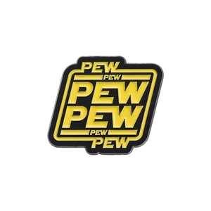 Black and yellow enamel pin with Pew repeat text in Star Wars inspired design