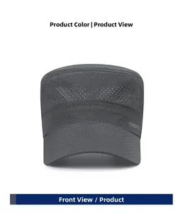 Front view of grey quick-dry flat top cap with breathable mesh fabric and sports logo