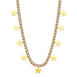 Detail of gold star necklace featuring sparkling rhinestones and delicate star charms