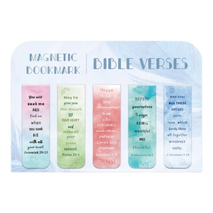 Detailed set of five colorful magnetic bookmarks with Bible verses on watercolor backgrounds