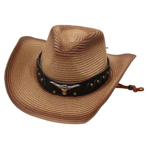 Brown straw western cowboy hat with cattle head metal emblem and black leather band