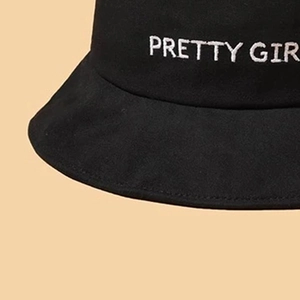 Black stylish sunshade bucket hat with white PRETTY GIRL embroidery for women