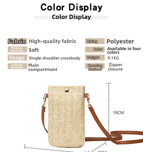 Detailed specs of the straw crossbody phone bag with size markings and leather strap
