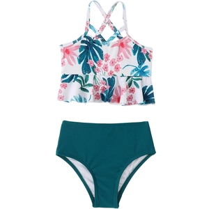 Two-piece girls bikini set with tropical floral print top and high-waisted teal bottoms