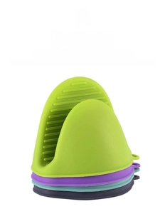 Detail of four colorful heat-resistant silicone oven mitts with non-slip texture