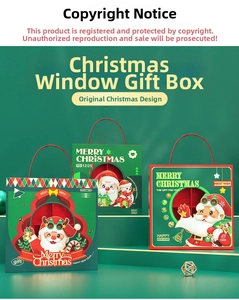 Detail of Christmas window gift boxes with Santa Claus patterns and red handles
