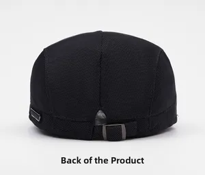 Classic black newsboy hat featuring a honeycomb knit fabric and adjustable metal buckle back