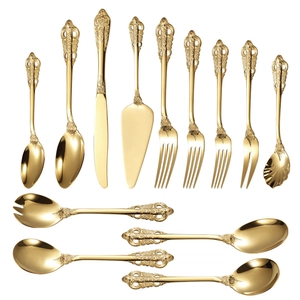 13-delig vintage koninklijk goud roestvrijstalen bestekset met reliëfpatronen
