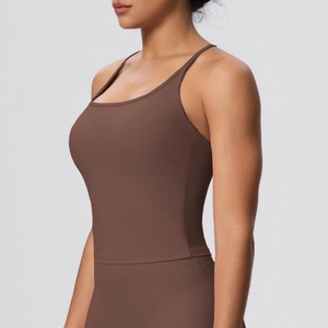 Detail of high-elastic mocha sports bra and yoga set with breathable matte texture