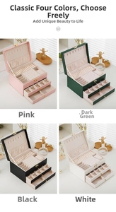 Three-layer leather jewelry box detail in pink, green, black and white color options