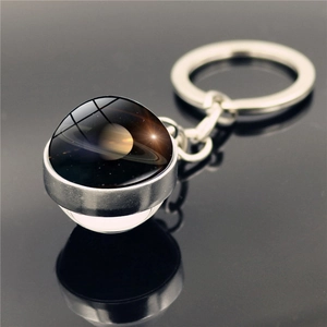 Solar system Saturn keychain with planetary glass dome on polished alloy ring