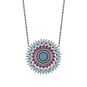 S925 sterling silver necklace with large colorful crystal pendant and turquoise center