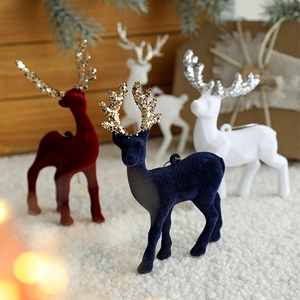 Christmas Reindeer Hanging Ornaments Flocked Plastic Deer Figurines With Glitter Antlers For Tree Holiday Desktop Decor