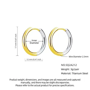 Two-tone titanium steel hoop earrings in gold and silver finish with 17mm outer diameter