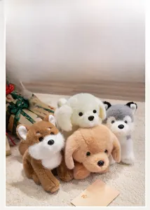 Close-up of fluffy Shiba Inu, Husky, and Golden Retriever plush toys on a soft rug