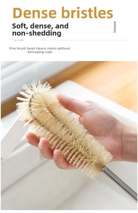 Close-up of soft high-density bristles on long handle kitchen bottle cleaning brush