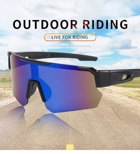 Gafas de ciclismo con lentes de degradado coloridos sobre un fondo de carretera