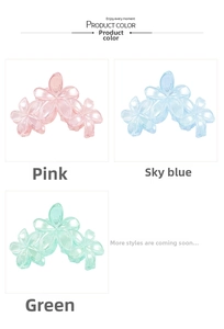 Three translucent frosted flower hair claws in pink, sky blue, and green colors