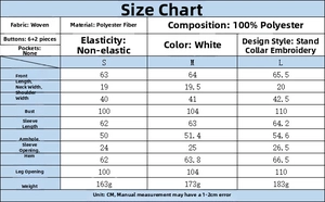 Detailed size chart for white long sleeve embroidered floral shirt with S to L measurements